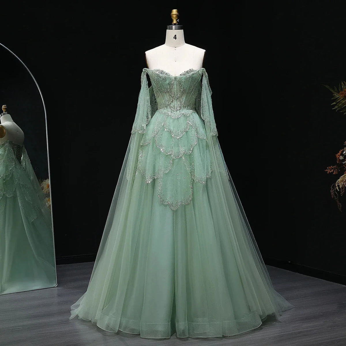 Elegant Off Shoulder Sage Green Evening Dress Cape Sleeves Sweet Luxury Party